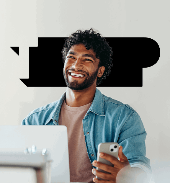A smiling person holds a smartphone and sits in a well-lit room, next to a large speech bubble shape with the text "why tp?"