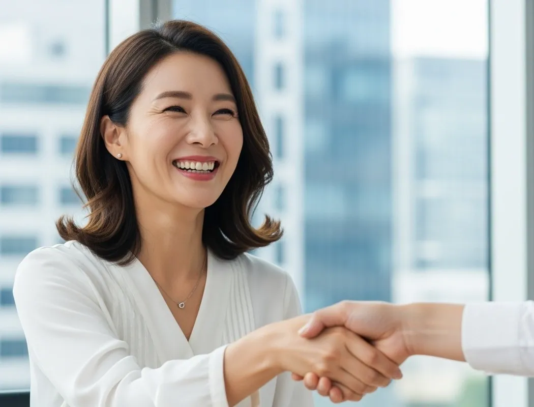 A smiling professional woman shakes hands in a bright, modern office setting.