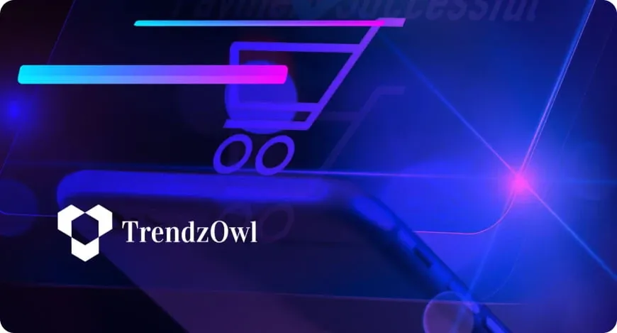 Person shopping online through a cellphone while a 3D shopping trolley pops out of the screen