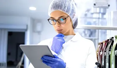 Food production worker reviewing instructions on a tablet in a manufacturing facility.