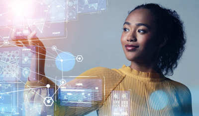 Young woman interacting with floating elements, symbolizing the bridge between AI and human touch