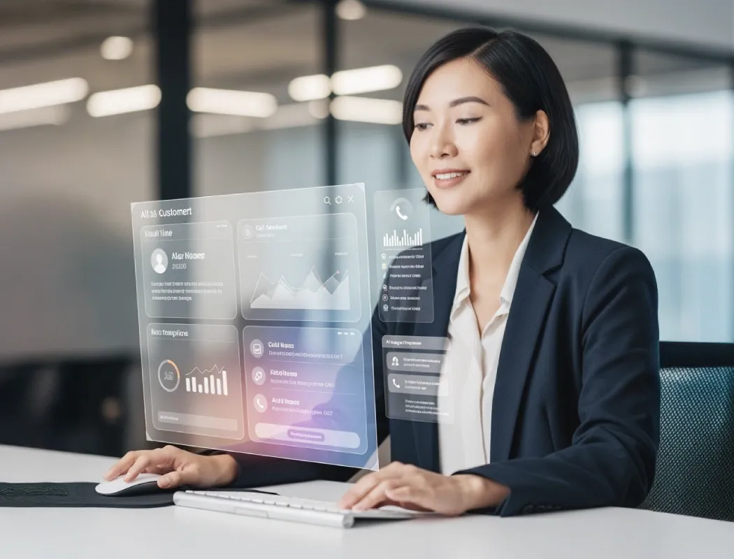 Profesional sedang bekerja di komputer dengan overlay dasbor 3D, menggambarkan solusi MindAI TP.