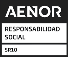AENOR IQNET SR10 award badge for TP in Colombia and Peru for Social Responsibility. 