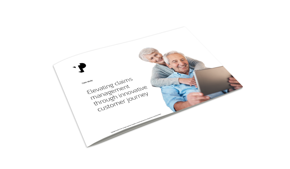 Case study mockup on innovative claims management featuring a smiling elderly couple.