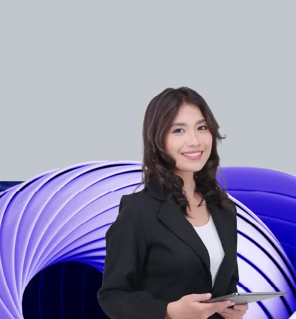 A confident female professional in a black blazer holds a tablet, smiling against a modern urban backdrop