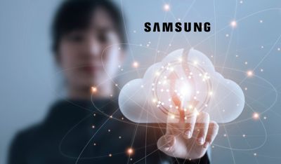 Samsung professional interacting with a digital cloud interface, representing cloud technology.