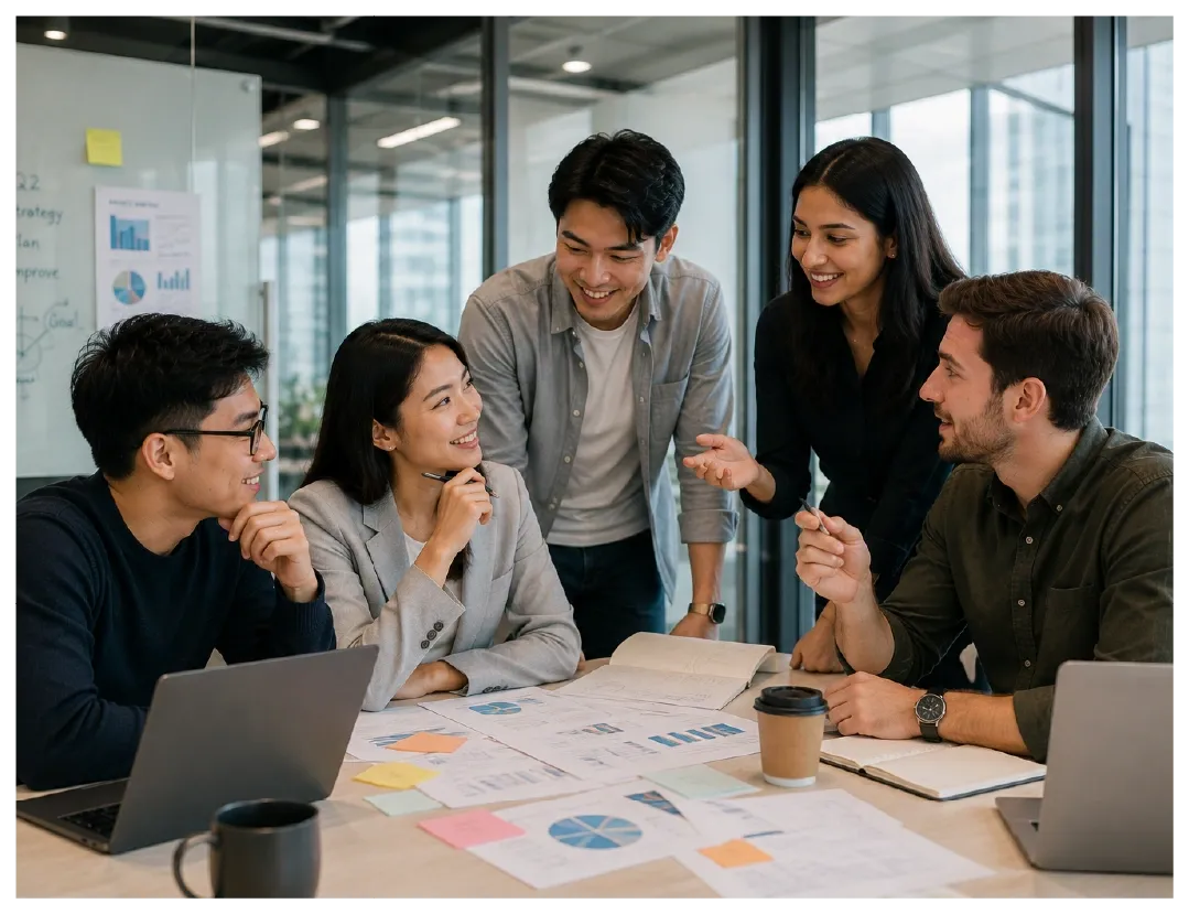 A diverse team collaborates and discusses ideas in a modern office.