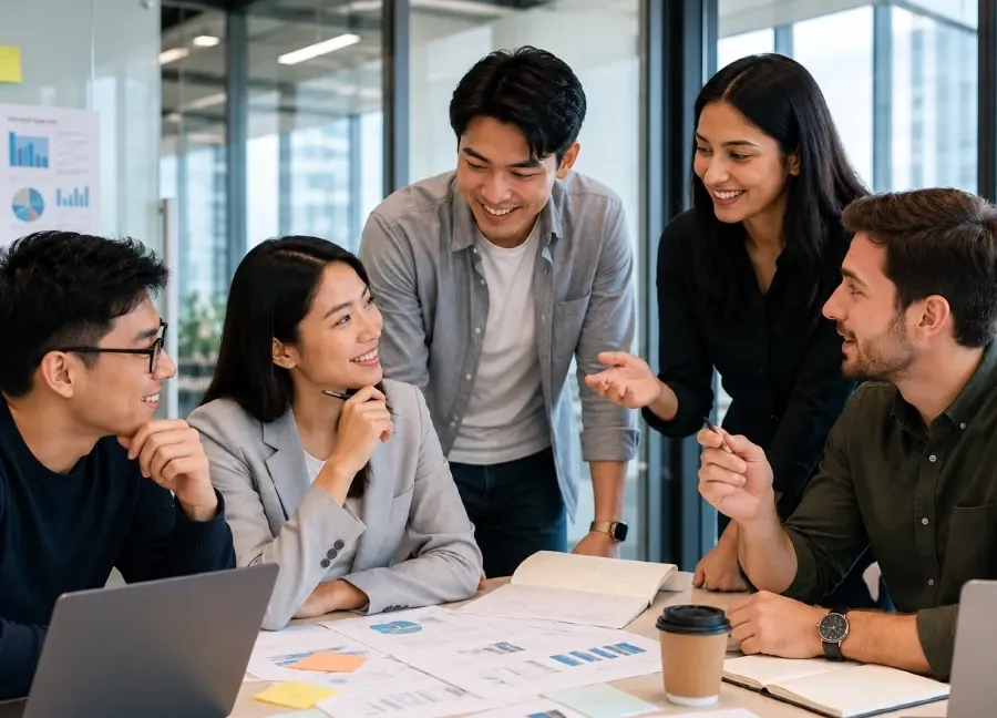 Asian business team discussing strategies during an office meeting.