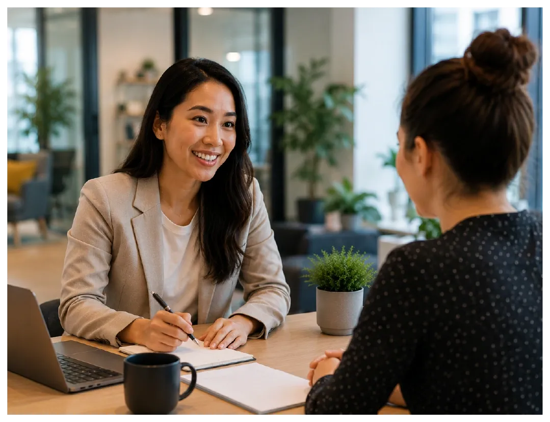 Two professional women discuss and take notes in a modern office meeting.