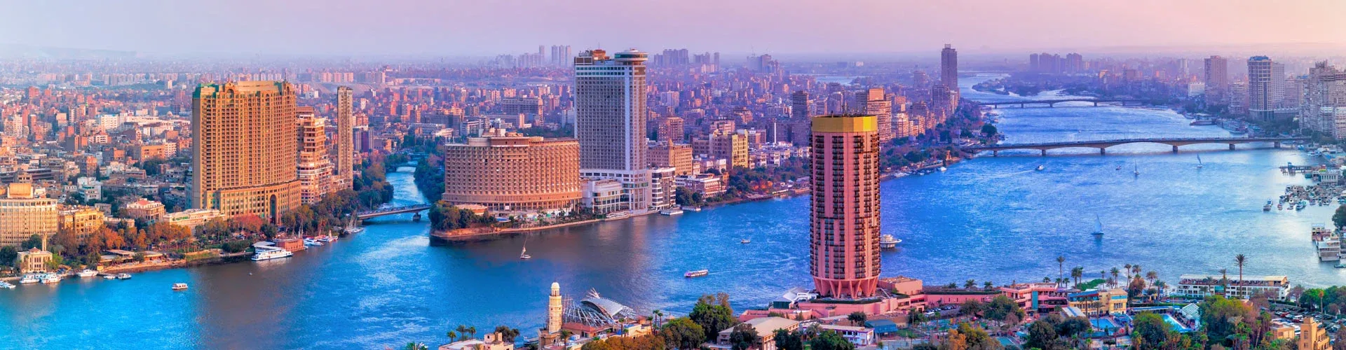 Cairo skyline along the Nile River, Egypt, viewed from above.