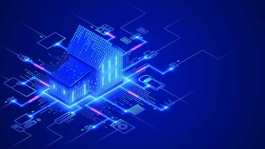 a digital house emits data streams, representing connectivity. surrounded by icons of appliances, devices, and a car, it symbolizes a smart home network on a blue background.
