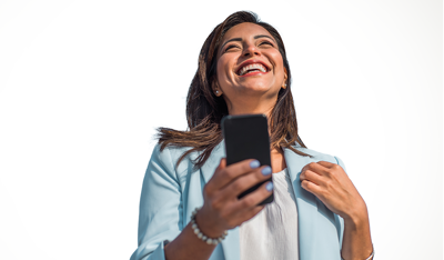 Smiling business woman holding her smartphone
