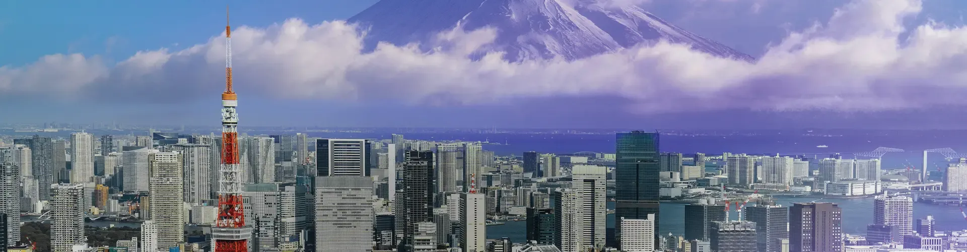 Tokyo cityscape with Tokyo Tower, high-rise buildings, and Mount Fuji.
