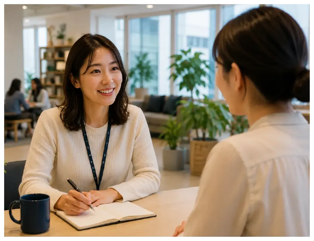 Two professional women talk and take notes in a bright office.