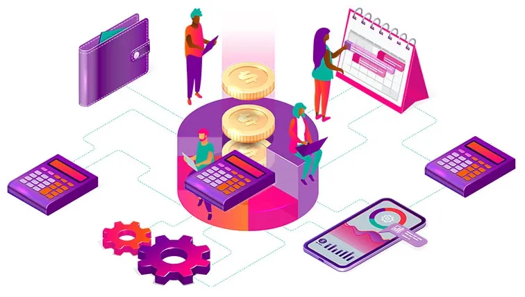 Illustration of people using calculators, wallet, calendar, coins, gears and mobile analytics to represent financial planning