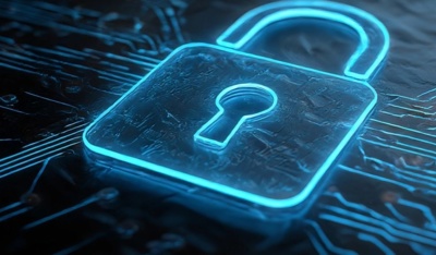 A glowing digital padlock sits atop circuit board patterns.