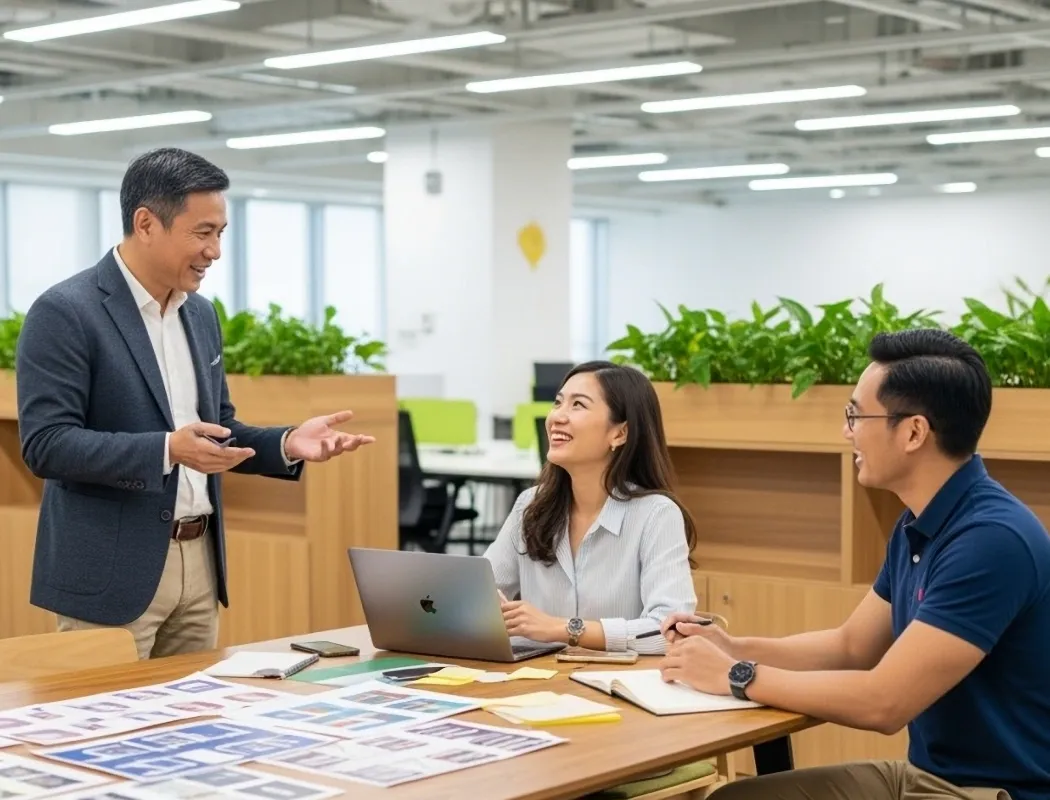 Three colleagues discuss work together in a bright, modern office.