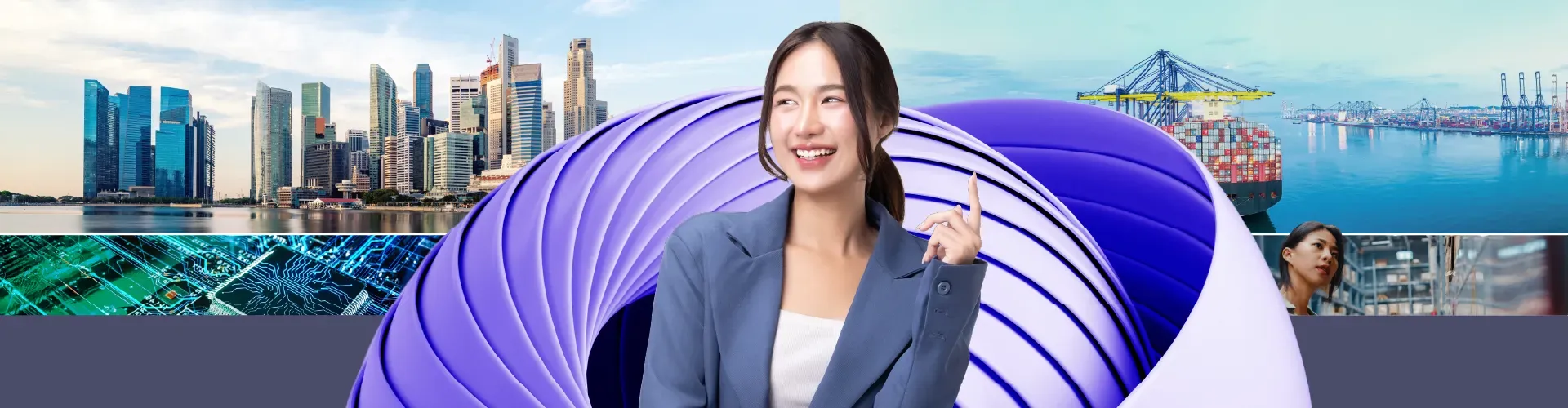 Asian businesswoman highlighted against Singapore cultural icons and high tech visuals.