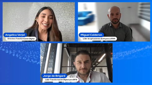 Three professionals on a video call discussing AI applications in the BFSI sector.