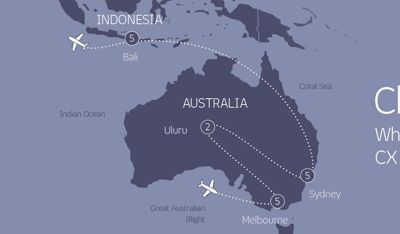 Map showing flight routes between Australia and Bali with TP message about building CX teams in Bali.