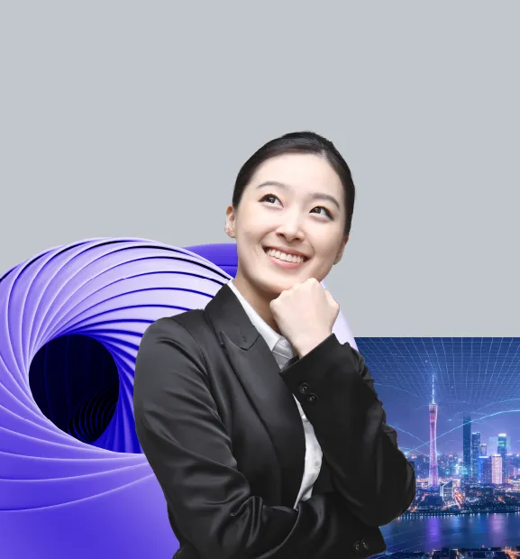 A professional businesswoman smiles confidently against a tech - infused Guangzhou skyline backdrop