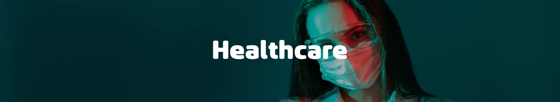 Healthcare banner with female doctor wearing protective mask and glasses under the word Healthcare.