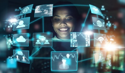 Smiling Woman Surrounded By Floating Digital Interface Screens In A Futuristic, Technology Themed Environment.