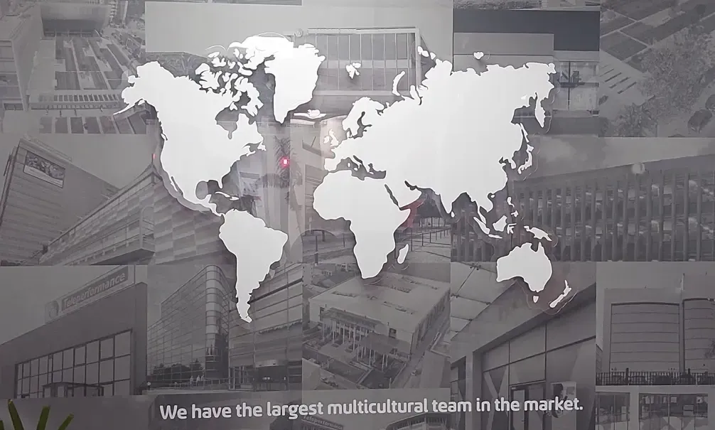 World map with TP offices pictures in the background.
