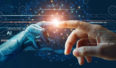 A human hand and a robotic hand reach toward each other, symbolizing the fusion of human intelligence and artificial intelligence in a digital, tech-driven world. 