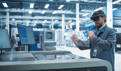 Engineer using TP Reach operate machinery in a high-tech manufacturing facility.