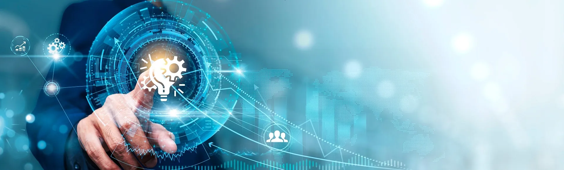 Business professional interacting with a digital interface symbolizing innovation and technology.