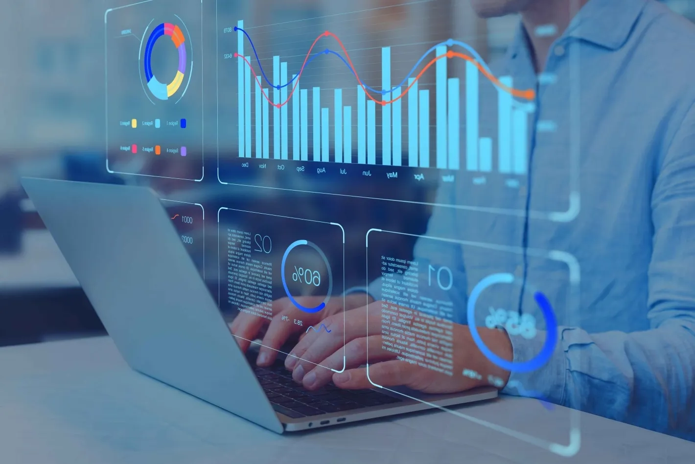 Person typing on a laptop in the background, with abstract 3D analytics charts in the foreground, illustrating data-driven insights.
