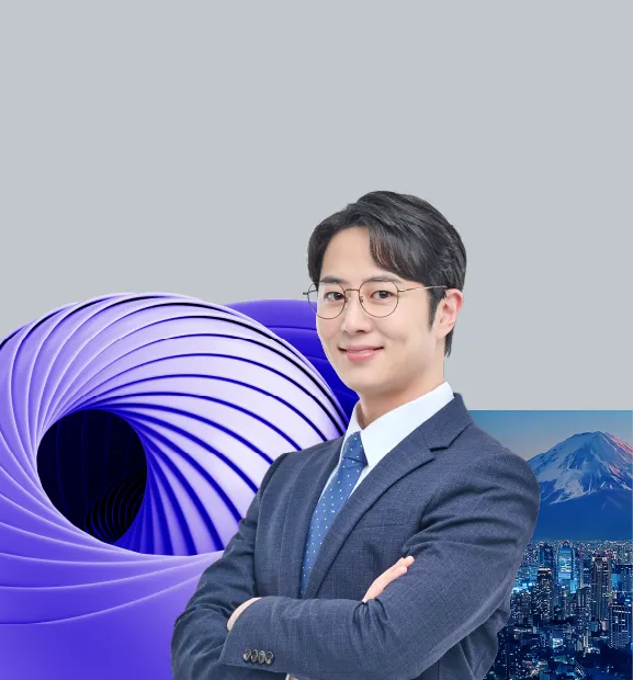 A professional businessman in a suit stands confidently with a Tokyo skyline and Mount Fuji backdrop.