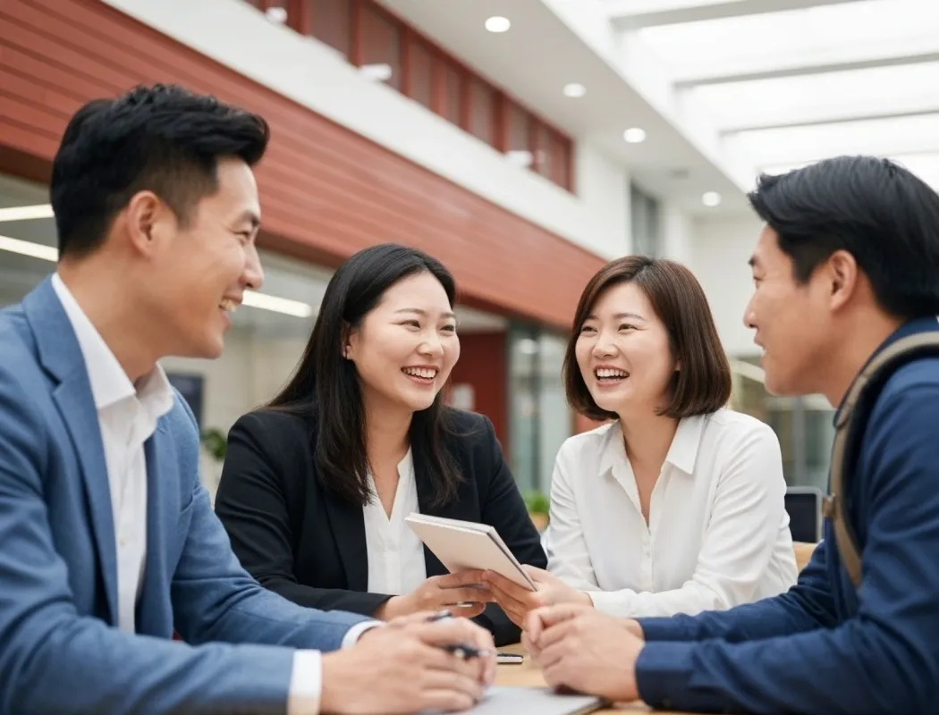 Four East Asian professionals laugh and collaborate in a bright modern office meeting