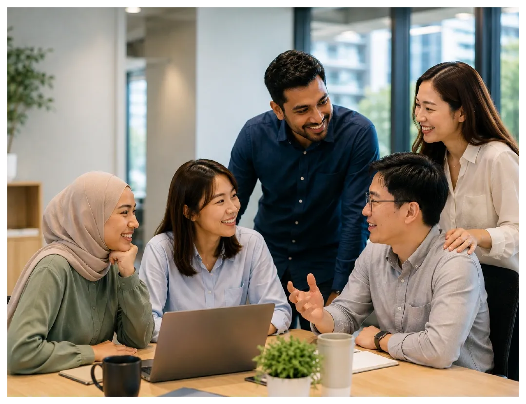 A diverse team of five collaborates happily around a laptop in an office.