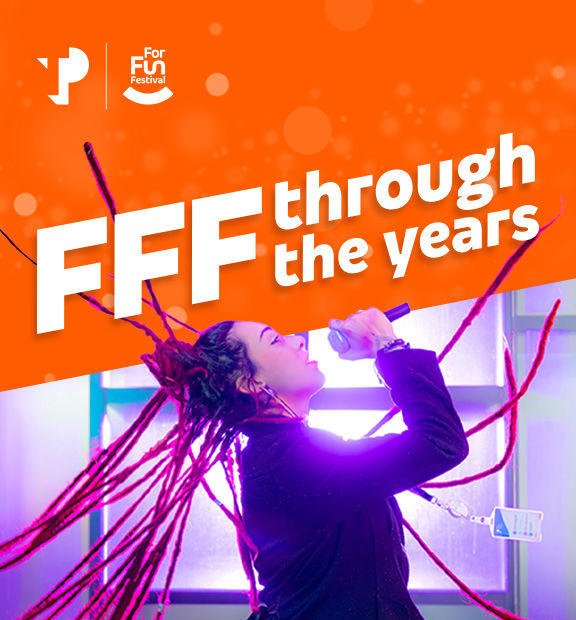 TP For Fun Festival banner with the phrase “FFF through the years” and a singer holding a microphone with long braids.