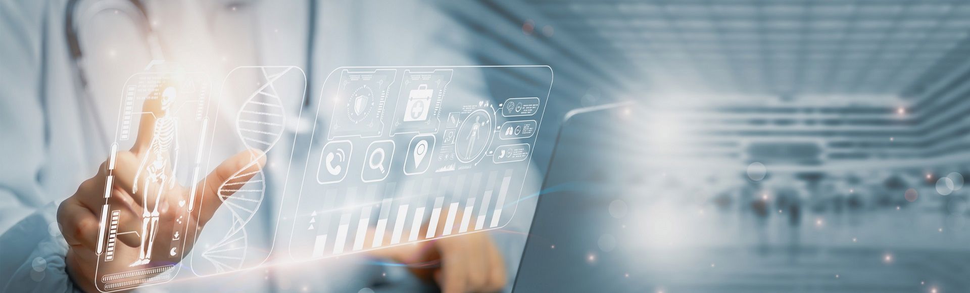 A healthcare professional interacts with a high-tech data screen.