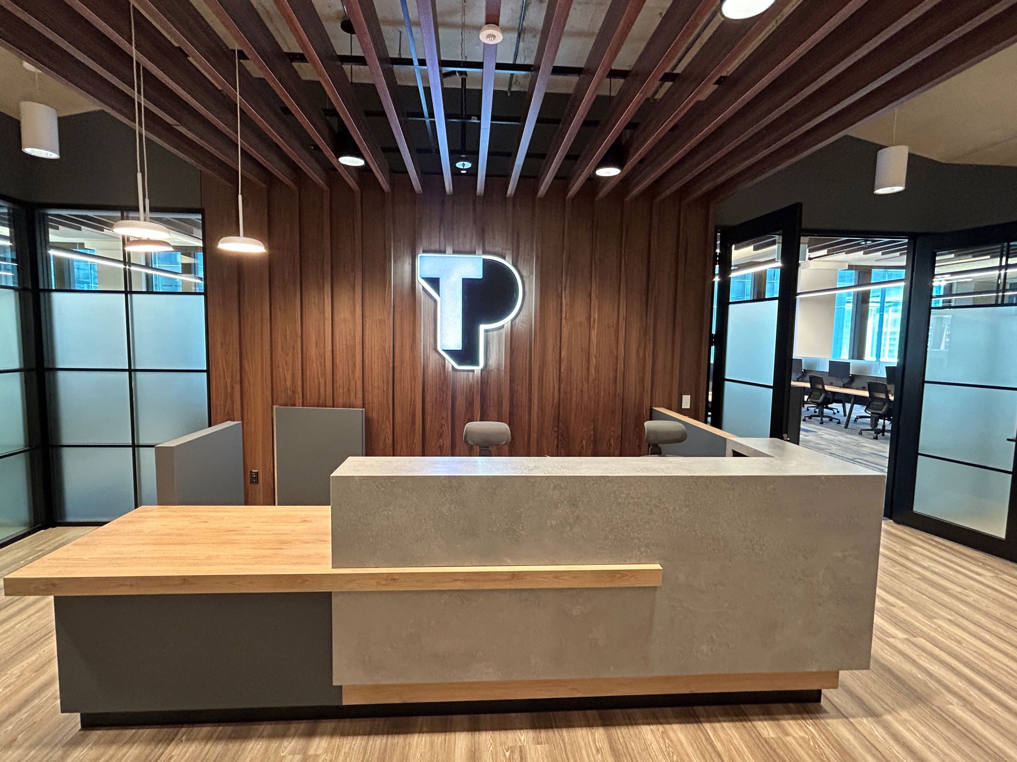 TP office environment with modern desks, computers, and no employees present.
