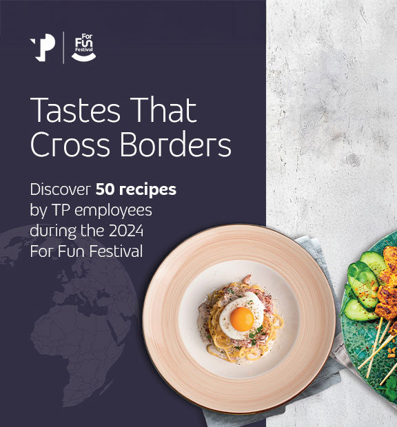 Tastes That Cross Borders banner promoting 50 TP employee recipes for the 2024 For Fun Festival.